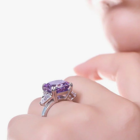 Berricle sterling silver 3-stone purple asscher cut CZ cocktail ring. Size 9. - Picture 8 of 12